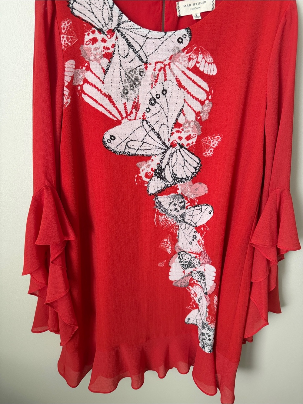 Max Studio Red Butterfly Print Ruffle-Sleeve Dress - Picture 6 of 6